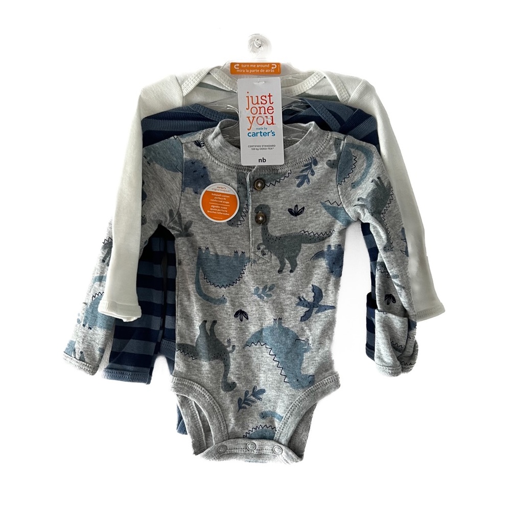 Carter’s - 3 Dinosaur Themed Long Sleeve Onesies (Grey/Blue, Newborn)
